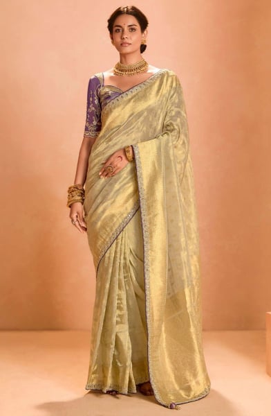 Cream Zari Tissue Silk Designer Saree