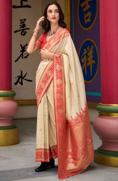Cream Zari Weaving Banarasi Silk Saree