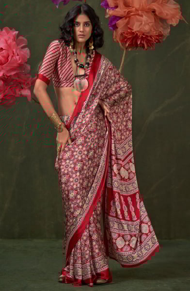 Crimson Red Ajrakh Print Satin Crepe Saree