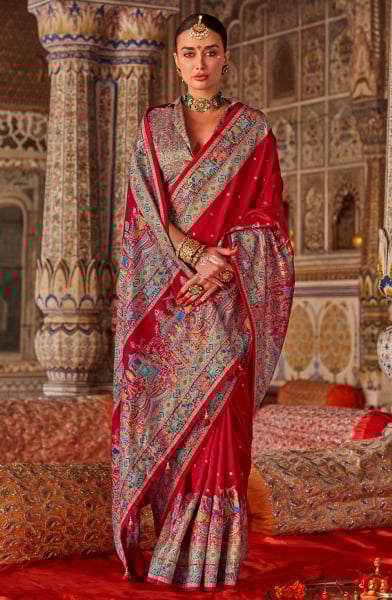 Crimson Red Embellished Viscose Silk Saree