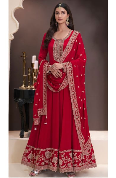 Crimson Red Embroidered Chinnon Anarkali Suit