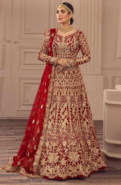 Crimson Red Embroidered Net Anarkali Gown with Dupatta