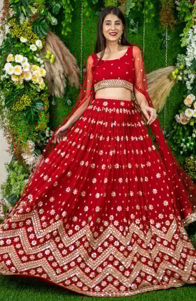 Crimson Red Embroidered Net Lehenga Choli