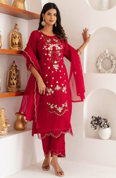 Crimson Red Embroidered Viscose Silk Readymade Suit