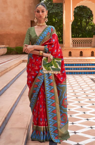 Crimson Red Foil Print Smooth Silk Saree