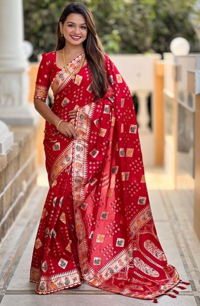 Crimson Red Meenakari Weaving Dola Silk Saree