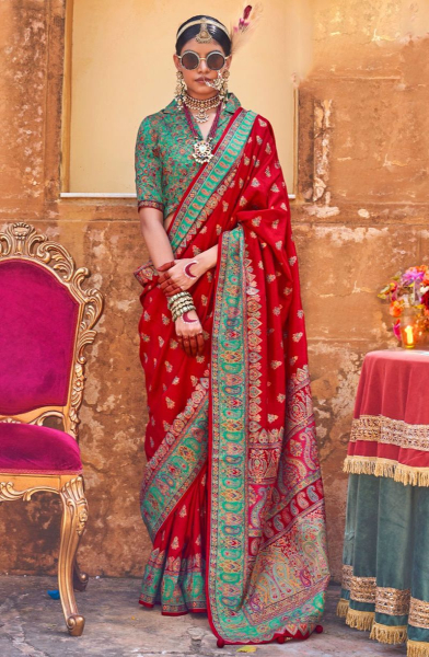 Crimson Red Printed Silk Saree for Party