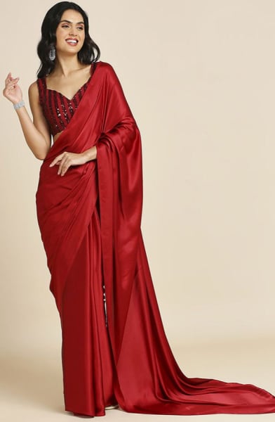 Crimson Red Silk Saree with Sequins Embroidered Blouse