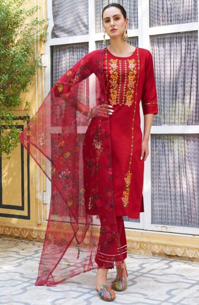 Crimson Red Viscose Rayon Readymade Pant Kameez