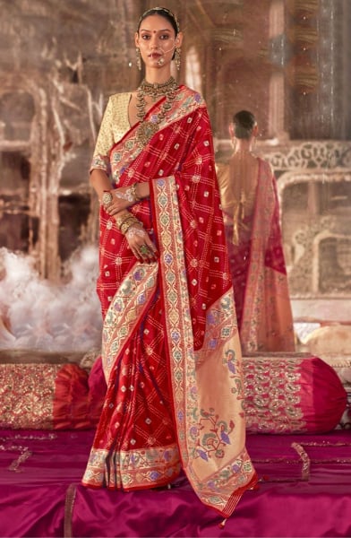 Crimson Red Viscose Silk Saree with Paithani Border