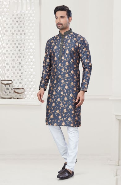 Dark Blue Silk Digital Printed Kurta Set