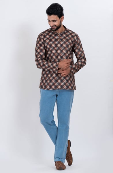 Dark Brown Cotton Digital Printed Kurta for Festival