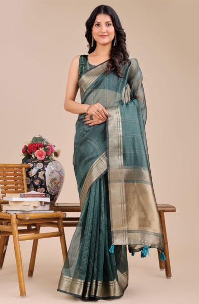 Dark Green Organza Woven Saree