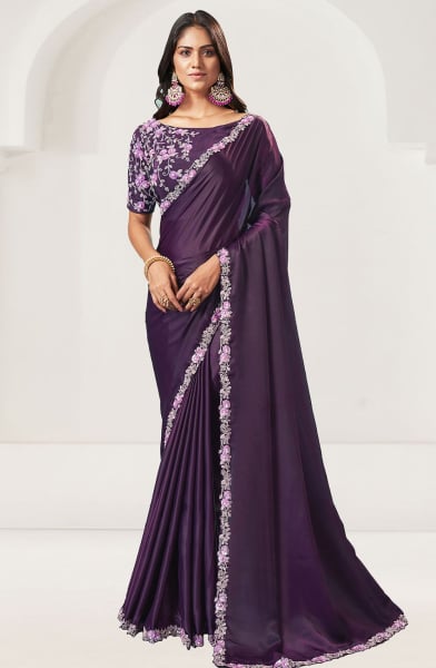 Dark Purple Designer Embroidered Saree