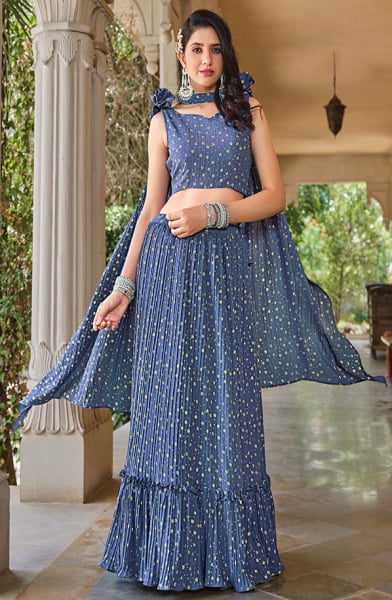 Denim Blue Crushed Georgette Readymade Lehenga Choli