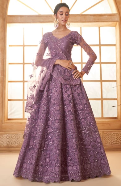 Dusty Amethyst Embroidered Net Designer Lehenga Choli