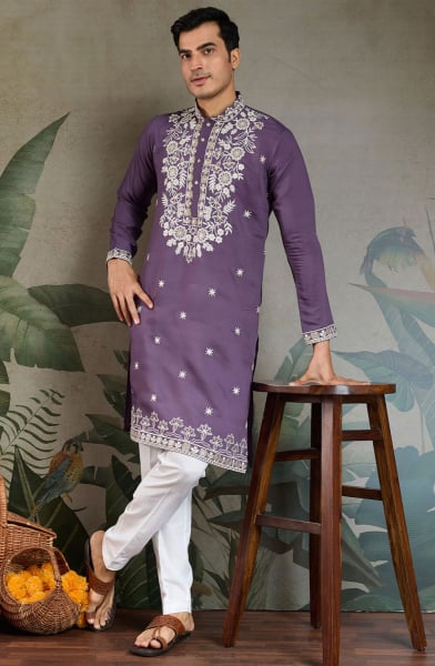 Dusty Amethyst Embroidered Viscose Silk Kurta Set