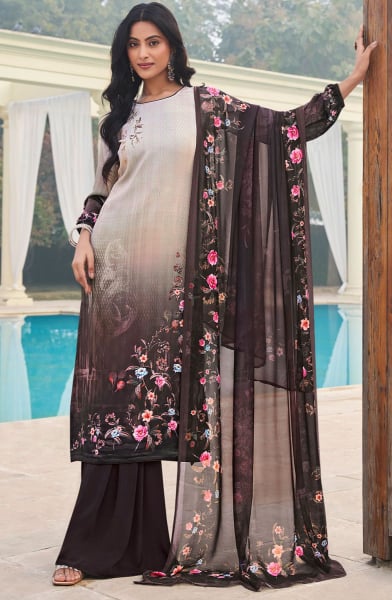 Dusty Beige and Coffee Brown Printed Crepe Plus Size Suit