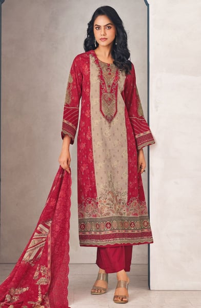 Dusty Beige and Red Printed Lawn Cotton Pant Kameez