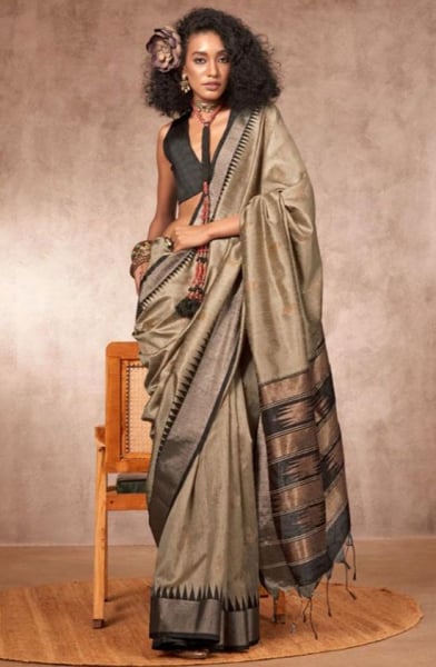 Dusty Beige Bhagalpuri Silk Saree with Gadhwal Border