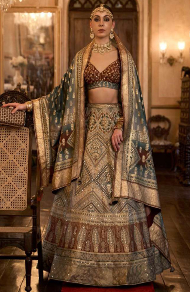 Dusty Beige Embellished Rajwadi Silk Lehenga Choli