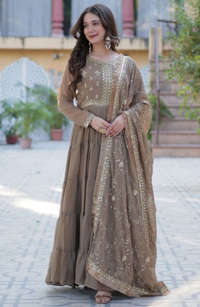 Dusty Beige Embroidered Georgette Anarkali Gown with Dupatta