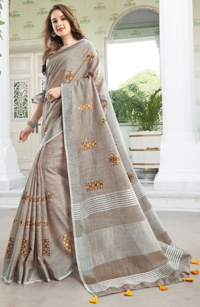 Dusty Beige Embroidered Linen Saree