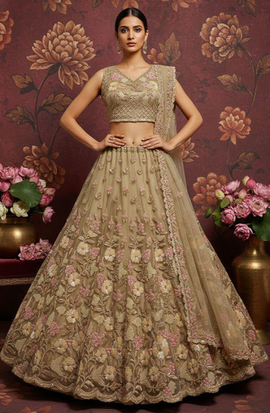 Dusty Beige Embroidered Net Bridal Lehenga Choli