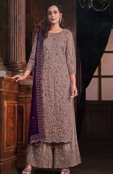 Dusty Beige Embroidered Net Palazzo Kameez
