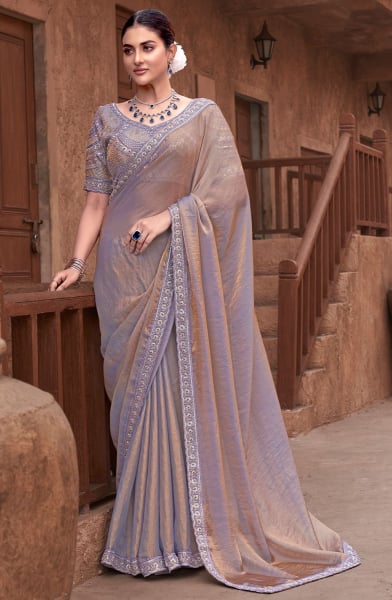 Dusty Beige Embroidered Satin Silk Designer Saree
