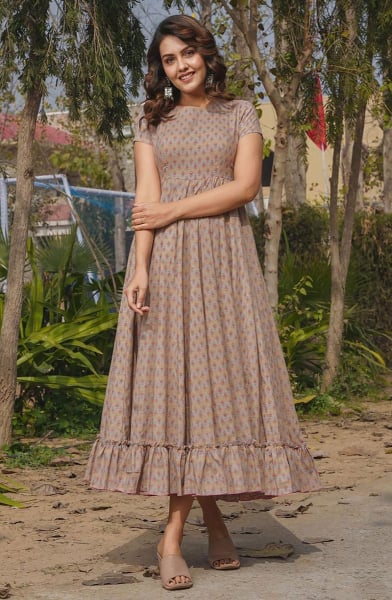 Dusty Beige Printed Rayon Plus Size Frock