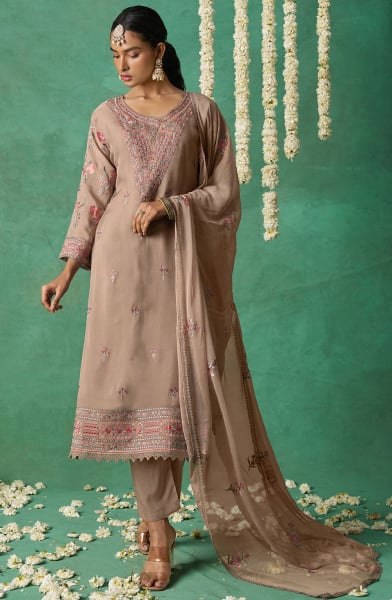 Dusty Beige Resham Embroidered Pure Organza Pant Kameez