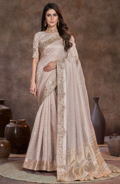 Dusty Beige Sequins Embellished Dyed Silk Saree