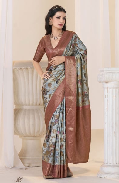 Dusty Blue Silk Woven Party Wear Saree