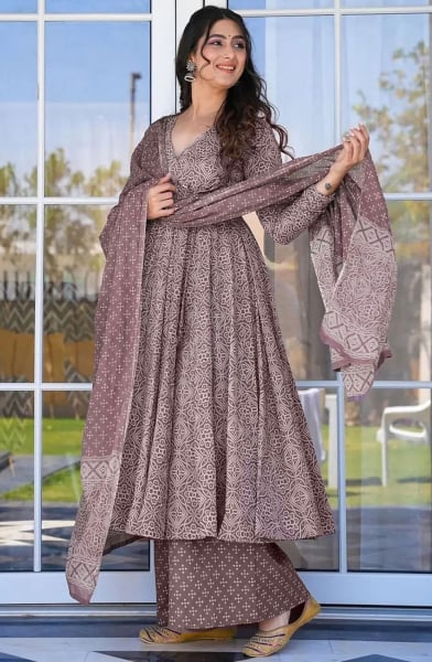 Dusty Brown Digital Print Muslin Plus Size Suit