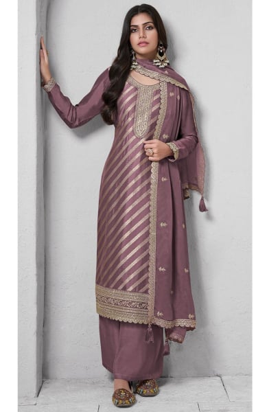 Dusty Brown Embroidered Lotus Silk Palazzo Kameez