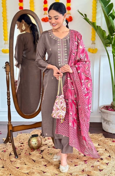 Dusty Brown Embroidered Viscose Chanderi Readymade Suit