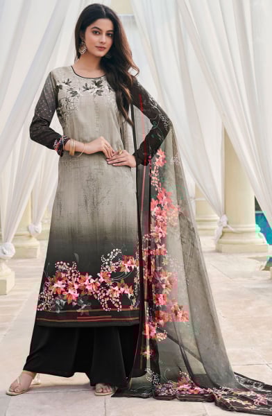 Dusty Cream and Black Printed Crepe Plus Size Suit