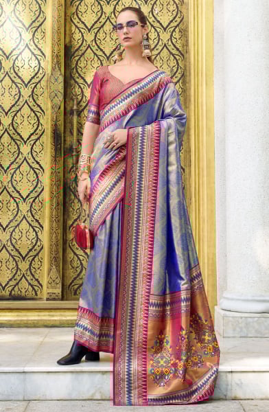 Dusty Cream and Indigo Zari Woven Tissue Silk Saree