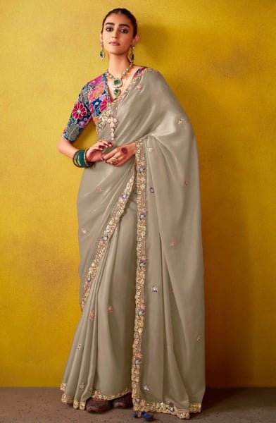 Dusty Cream Embroidered Designer Saree for Wedding