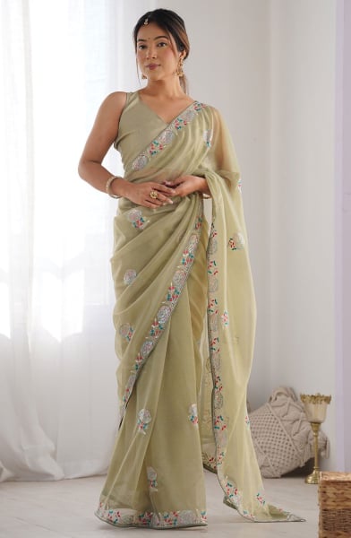 Dusty Cream Embroidered Twill Net Saree