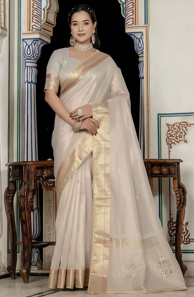 Dusty Cream Khatli Work Linen Tissue Saree