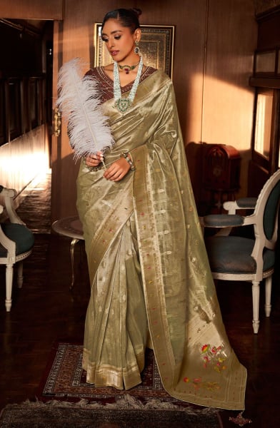 Dusty Cream Woven Tissue Paithani Silk Saree