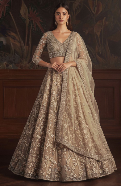 Dusty Gold Embroidered Net Bridal Lehenga Choli