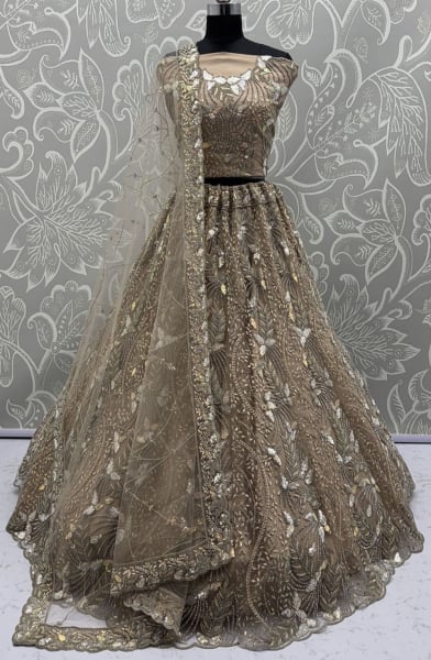 Dusty Golden Embroidered Net Bridal Lehenga Choli