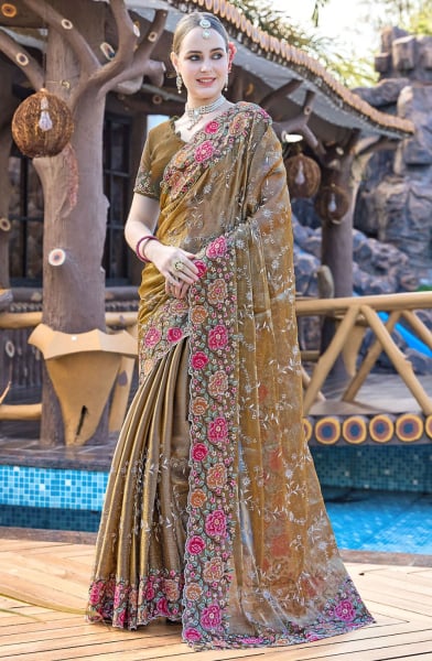 Dusty Golden Heavy Resham Embroidered Party Wear Saree