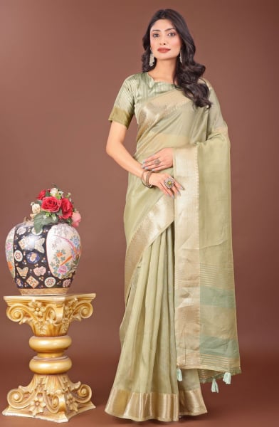 Dusty Green Organza Printed Saree