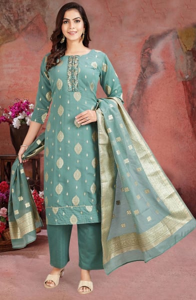 Dusty Green Silk Embroidered Readymade Suit