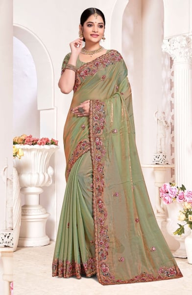 Dusty Green Two Tone Silk Sequins Embroidered Saree