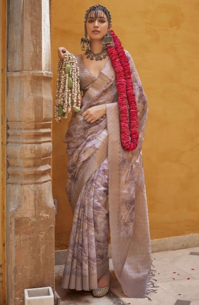 Dusty Grey Abstract Print Silk Saree with Weaving